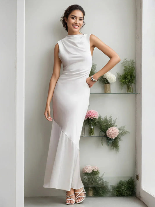White Mermaid Trumpet Sleeveless Floor Length Wedding Guest Dress With Ruffles