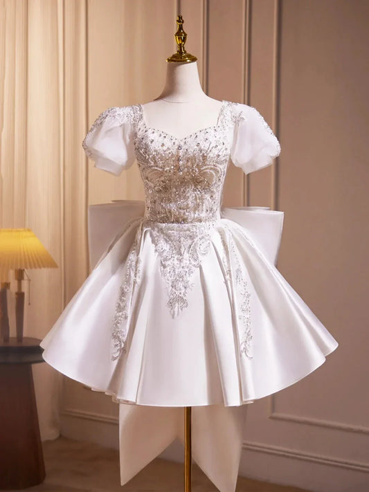 White Satin Beaded Knee Length Prom Dress Cute A-Line Short Sleeve Party Dress with Bow