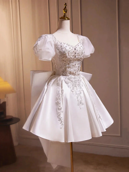 White Satin Beaded Knee Length Prom Dress Cute A-Line Short Sleeve Party Dress with Bow