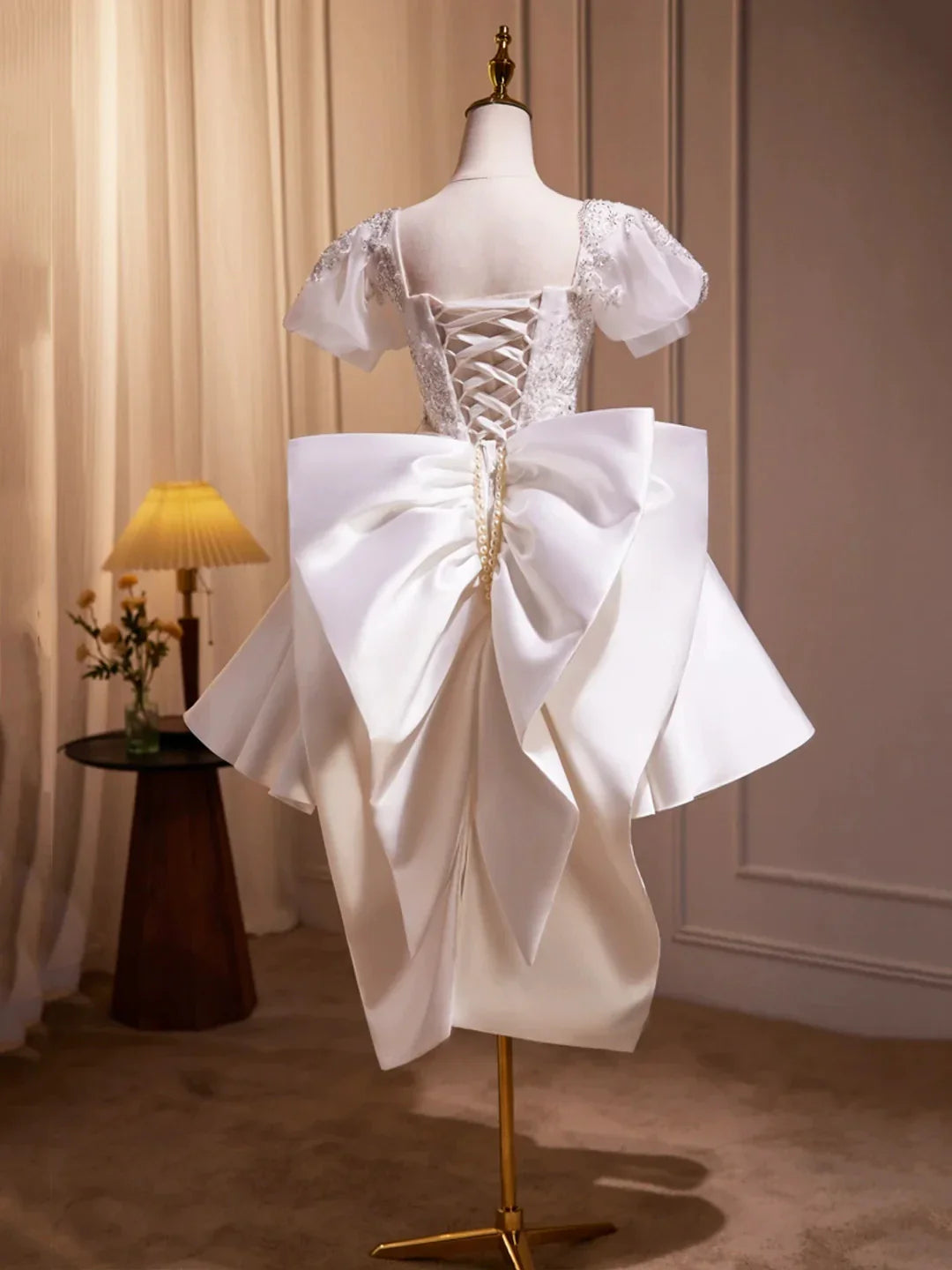White Satin Beaded Knee Length Prom Dress Cute A-Line Short Sleeve Party Dress with Bow