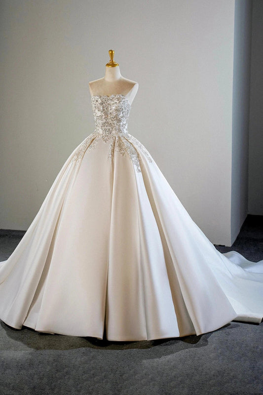 White Satin Beads Long Formal Dress A-Line Strapless Prom Evening Dress