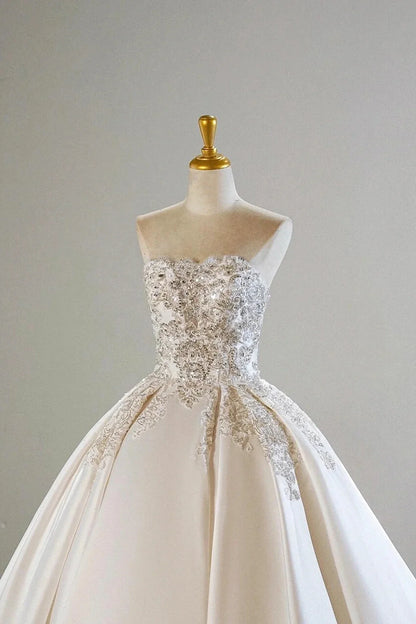 White Satin Beads Long Formal Dress A-Line Strapless Prom Evening Dress