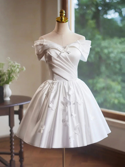 White Satin Butterfly Bow Party Dresses Lovely A-Line Evening Homcoming Dress