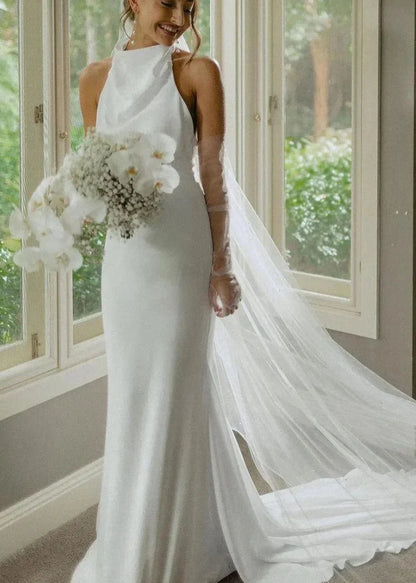 White Satin Casual Beach Wedding Dresses Halter Mermaid
