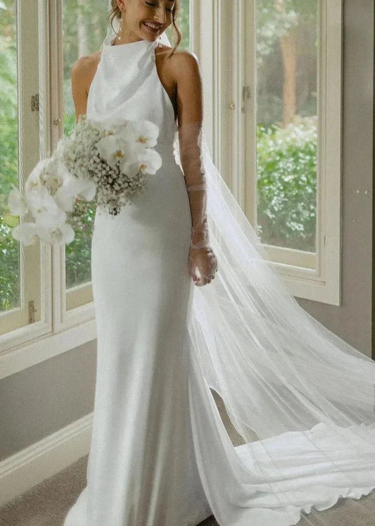 White Satin Casual Beach Wedding Dresses Halter Mermaid