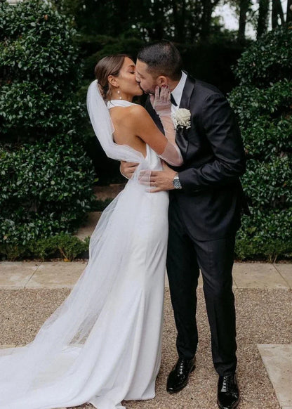 White Satin Casual Beach Wedding Dresses Halter Mermaid