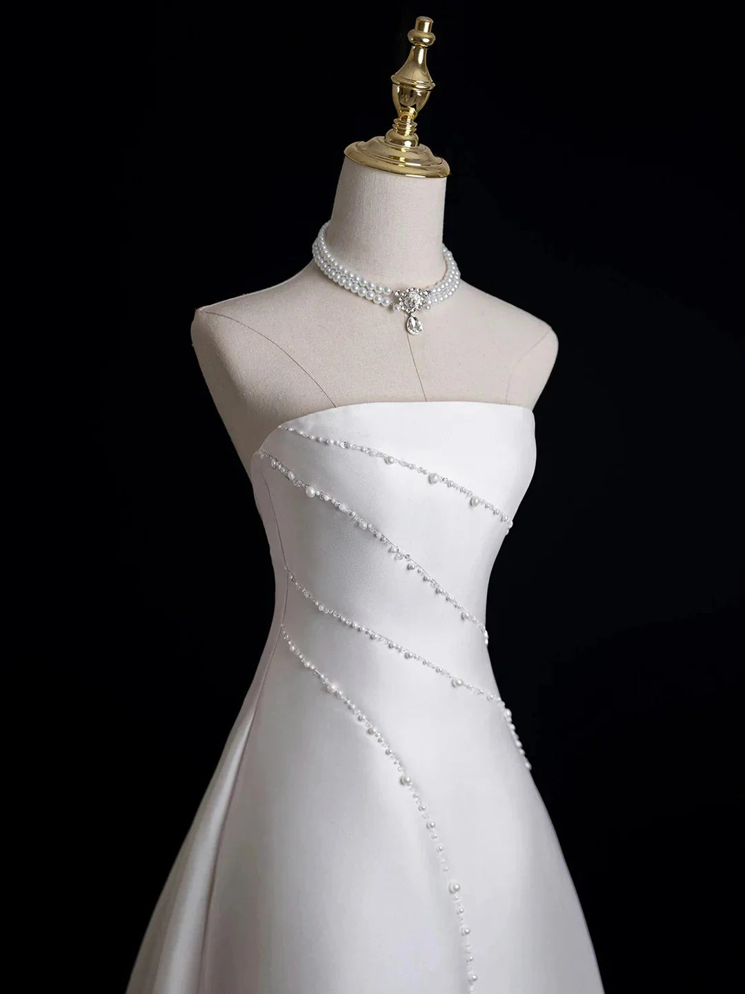 White Satin Floor Length Prom Dress with Pearl White Strapless Evening Party Dress