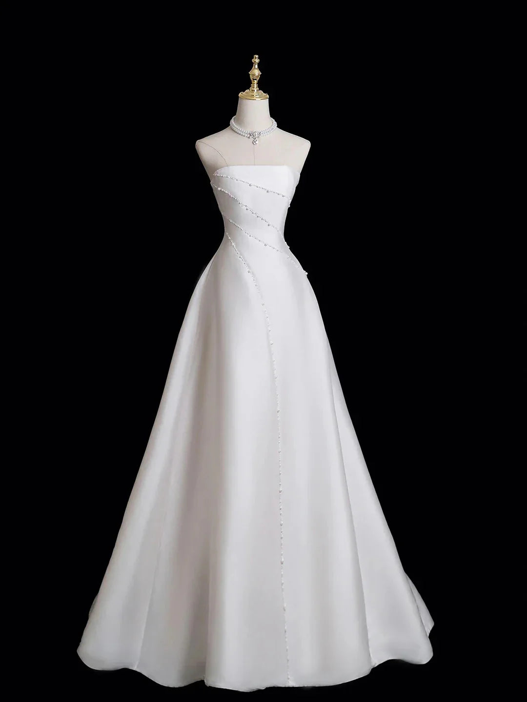 White Satin Floor Length Prom Dress with Pearl White Strapless Evening Party Dress