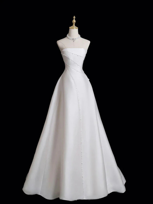 White Satin Floor Length Prom Dress with Pearl White Strapless Evening Party Dress