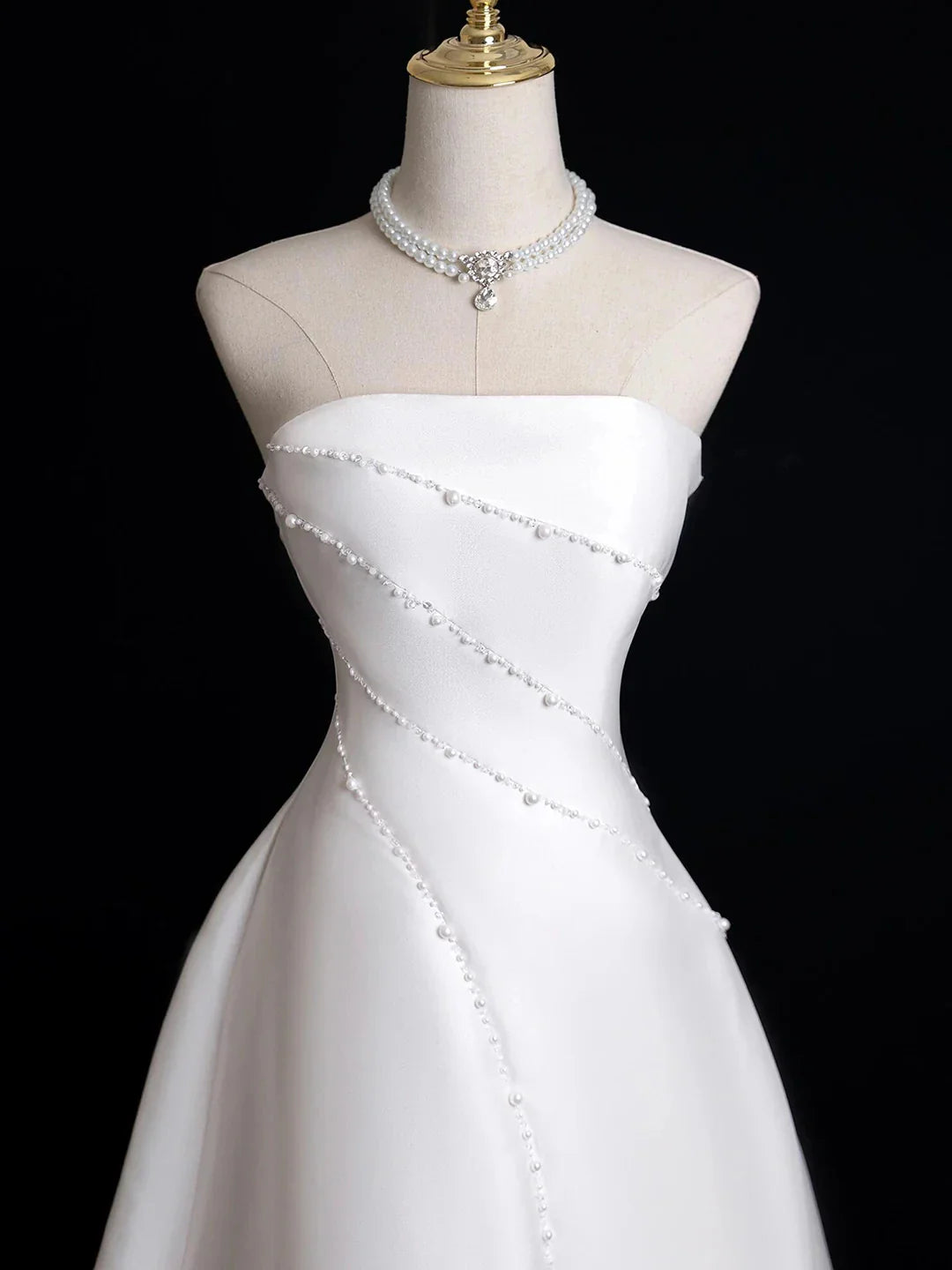 White Satin Floor Length Prom Dress with Pearl White Strapless Evening Party Dress