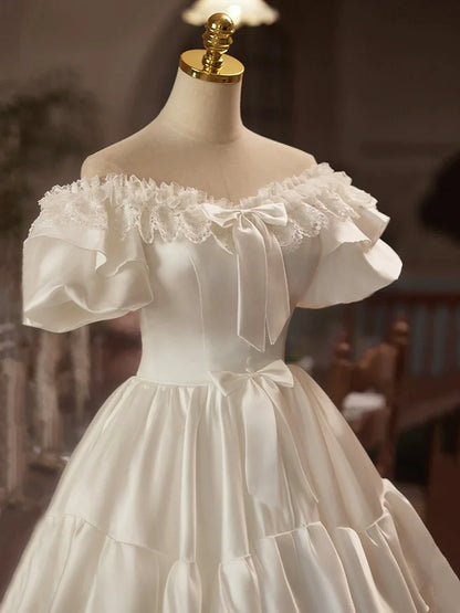 White Satin Lace Knee Length Prom Dress A-Line Off the Shoulder Evening Party Dress