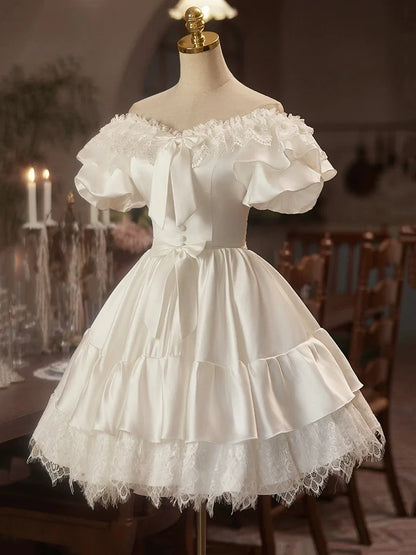White Satin Lace Knee Length Prom Dress A-Line Off the Shoulder Evening Party Dress
