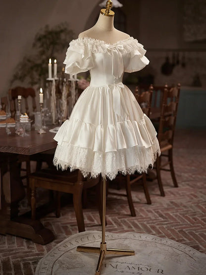 White Satin Lace Knee Length Prom Dress A-Line Off the Shoulder Evening Party Dress
