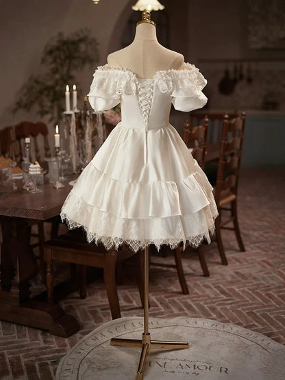 White Satin Lace Knee Length Prom Dress A-Line Off the Shoulder Evening Party Dress