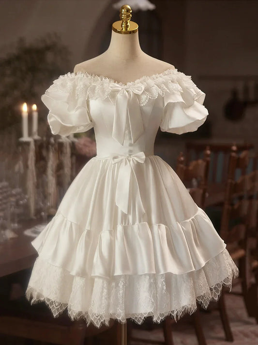 White Satin Lace Knee Length Prom Dress A-Line Off the Shoulder Evening Party Dress