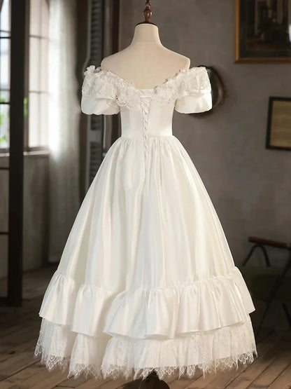 White Satin Lace Short Prom Dress Off Shoulder Evening Dress Wedding Dress