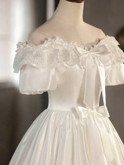 White Satin Lace Short Prom Dress Off Shoulder Evening Dress Wedding Dress