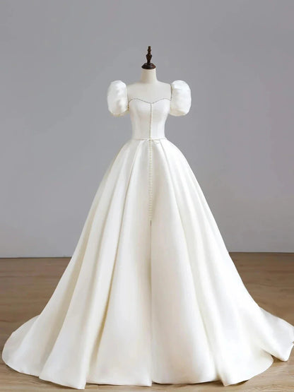 White Satin Long Formal Wedding Dress Elegant Short Sleeve Evening Dress
