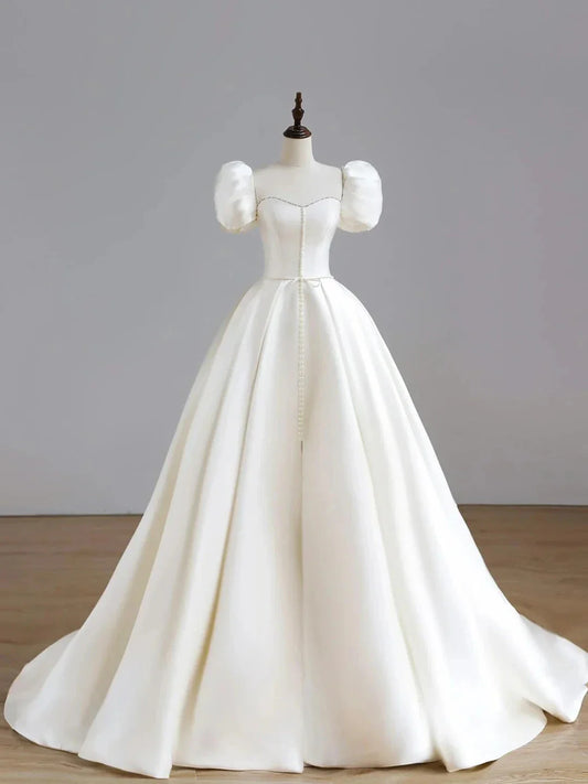 White Satin Long Formal Wedding Dress Elegant Short Sleeve Evening Dress