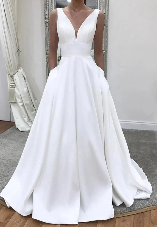 White Satin Long Prom Dress A-Line Evening Dresses With Pocket