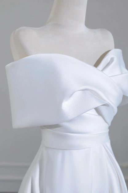 White Satin Long Prom Dress Elegant A-Line Off the Shoulder Evening Party Dress