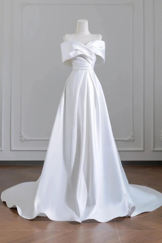 White Satin Long Prom Dress Elegant A-Line Off the Shoulder Evening Party Dress