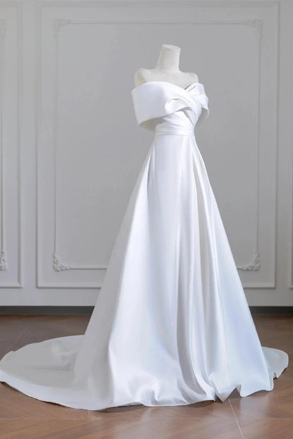White Satin Long Prom Dress Elegant A-Line Off the Shoulder Evening Party Dress