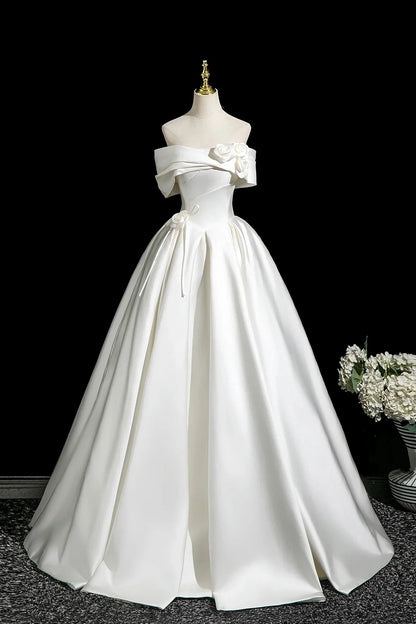 White Satin Long Prom Dress Elegant A-Line Off the Shoulder Party Dress