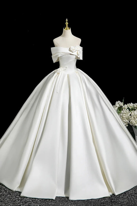 White Satin Long Prom Dress Elegant A-Line Off the Shoulder Party Dress