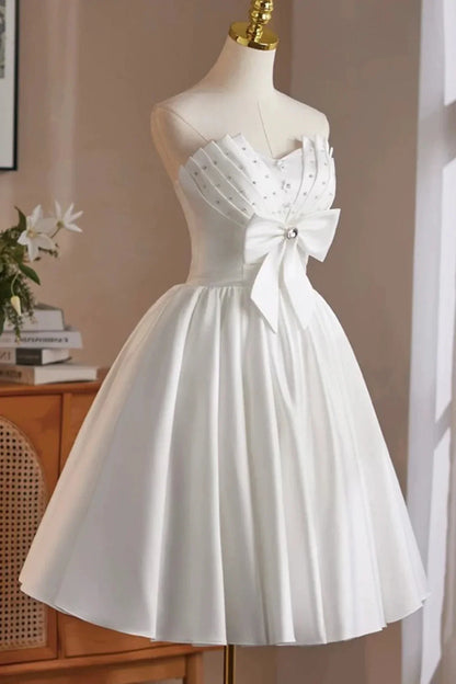 White Satin Short Prom Dress Lovely A-Line Strapless Party Dress with Corset