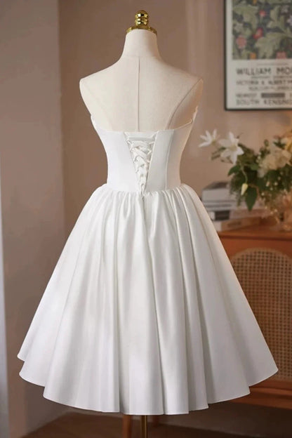 White Satin Short Prom Dress Lovely A-Line Strapless Party Dress with Corset