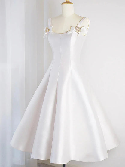 White Satin Short Prom Dress Simple A-Line Evening Party Dress