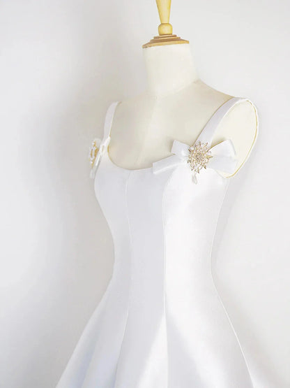 White Satin Short Prom Dress Simple A-Line Evening Party Dress
