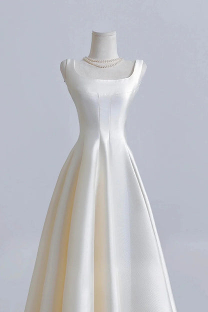 White Satin Tea Length Prom Dress A-Line Evening Party Dress