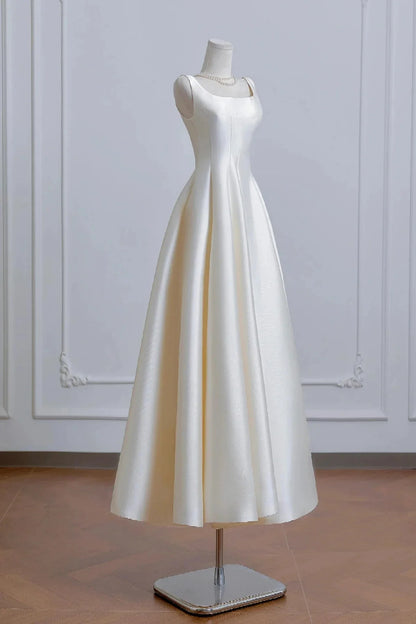 White Satin Tea Length Prom Dress A-Line Evening Party Dress