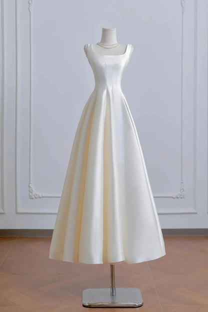 White Satin Tea Length Prom Dress A-Line Evening Party Dress