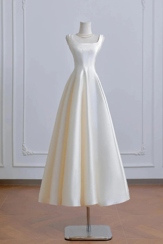 White Satin Tea Length Prom Dress A-Line Evening Party Dress