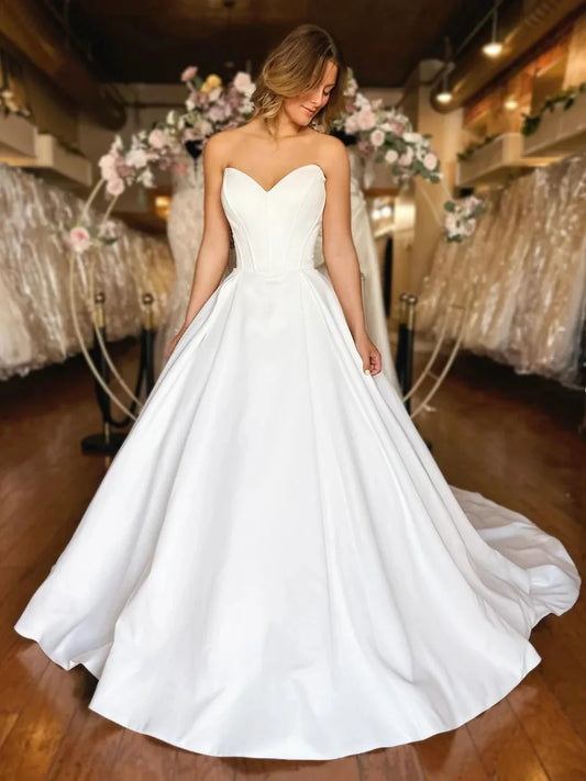 White Strapless Satin Long Prom Dress Elegant A-Line Evening Party Dress
