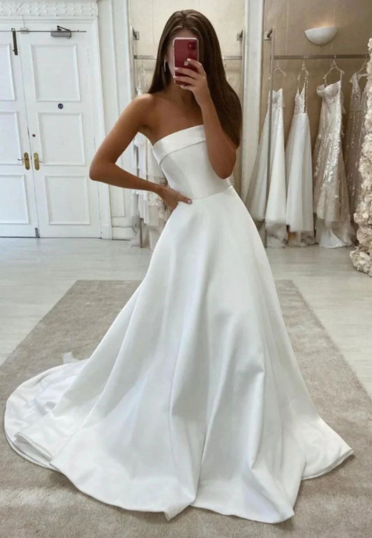 White Strapless Satin Long Prom Dresses Simple Evening Dresses