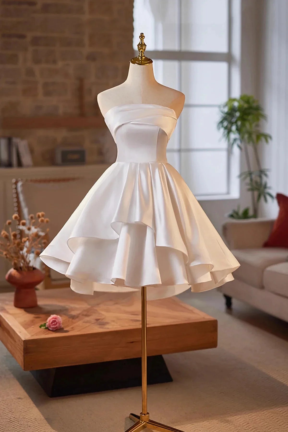 White Strapless Satin Short Prom Dress White A-Line Party Dress