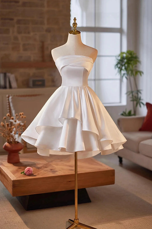 White Strapless Satin Short Prom Dress White A-Line Party Dress