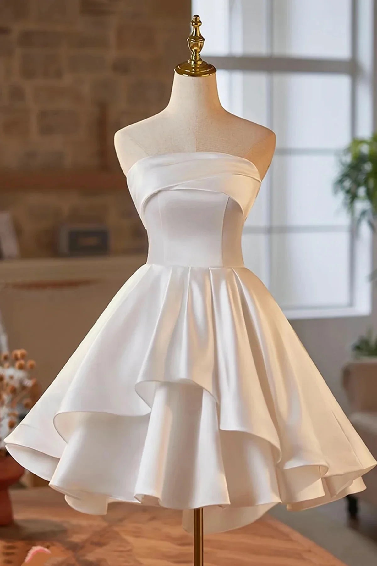 White Strapless Satin Short Prom Dress White A-Line Party Dress