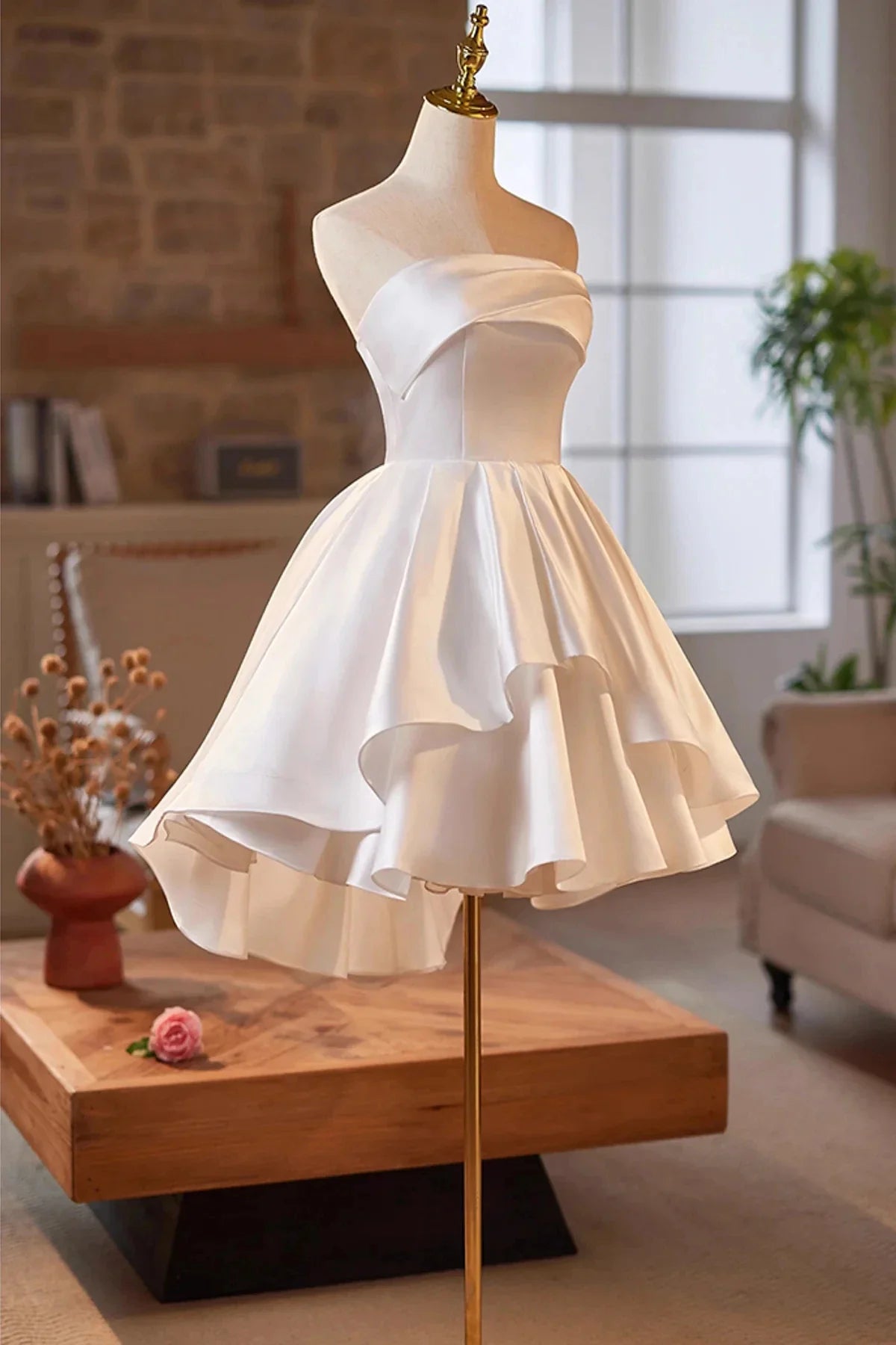 White Strapless Satin Short Prom Dress White A-Line Party Dress