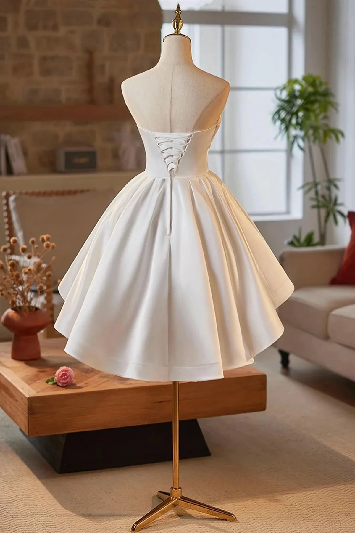 White Strapless Satin Short Prom Dress White A-Line Party Dress