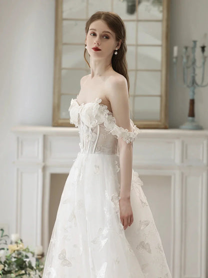 White Tulle Lace Long Formal Dresses Off Shoulder Evening Dresses Wedding Dresses