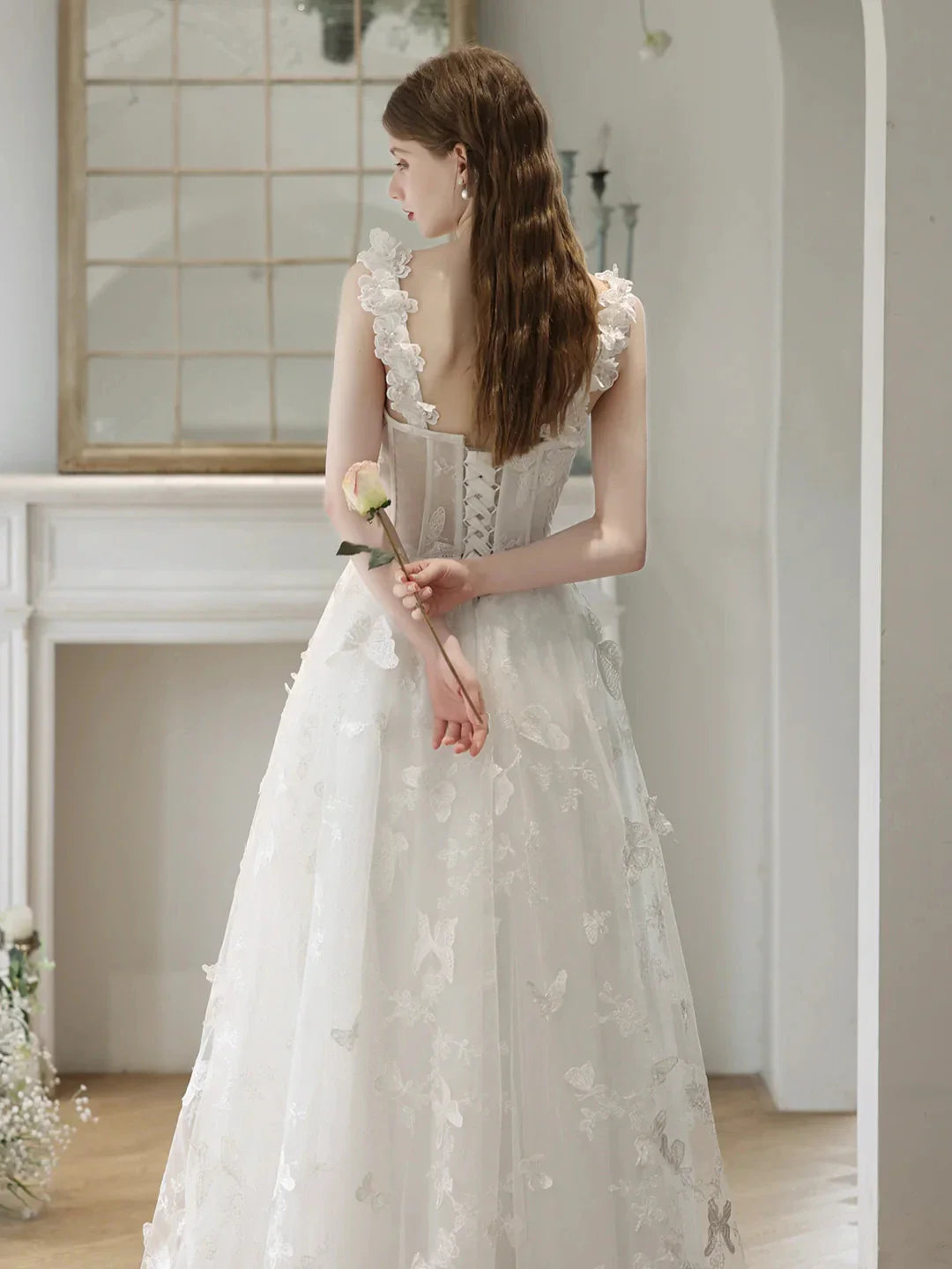 White Tulle Lace Long Formal Dresses Off Shoulder Evening Dresses Wedding Dresses