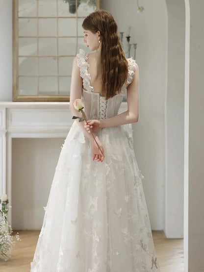 White Tulle Lace Long Formal Dresses Off Shoulder Evening Dresses Wedding Dresses