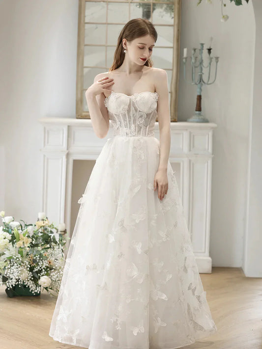 White Tulle Lace Long Formal Dresses Off Shoulder Evening Dresses Wedding Dresses