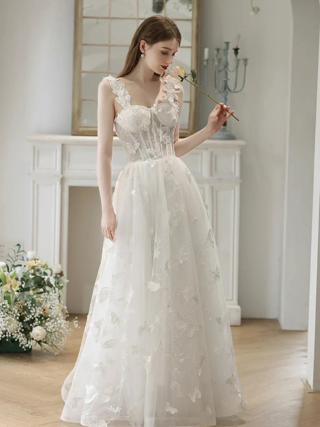 White Tulle Lace Long Formal Dresses Off Shoulder Evening Dresses Wedding Dresses