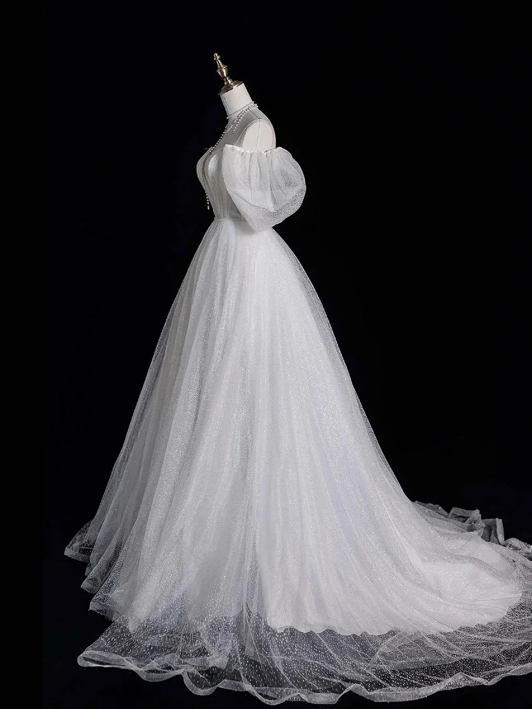 White Tulle Long Prom Dress Off the Shoulder Short Sleeve Formal Evening Dress